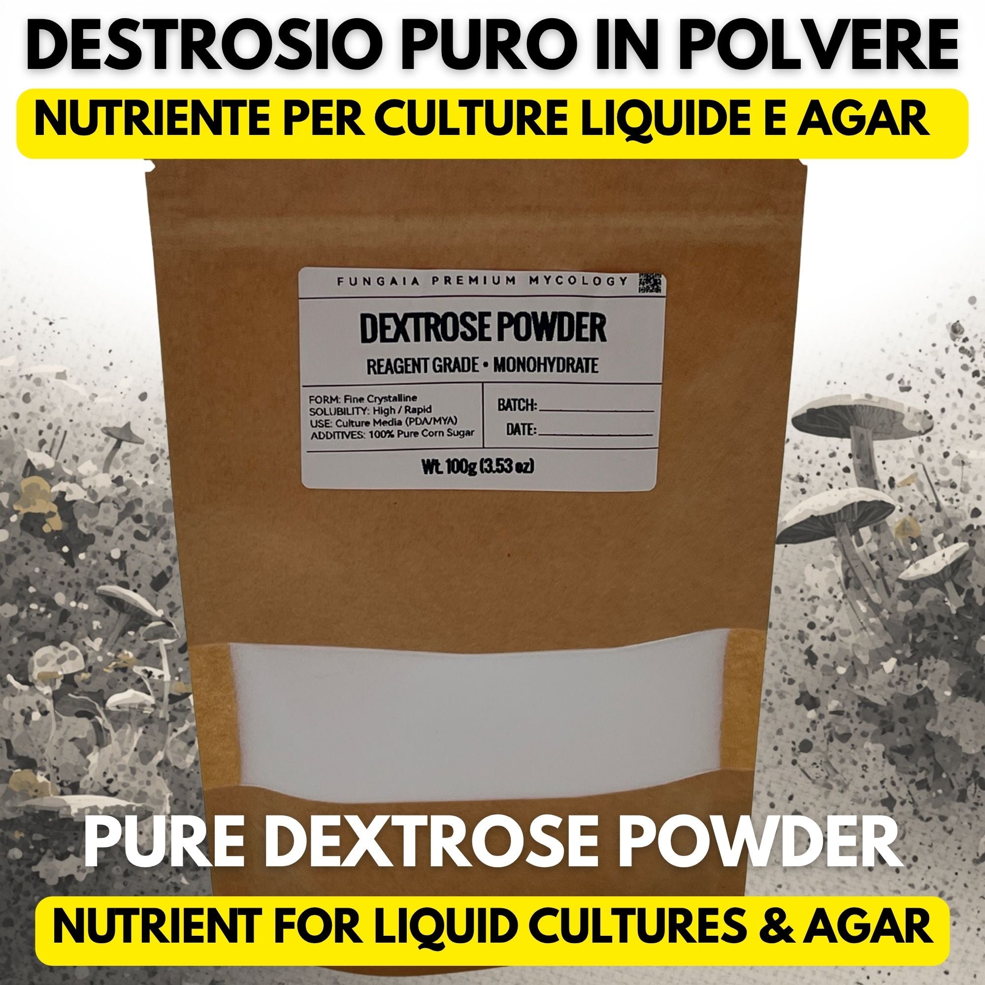 Destrosio Puro 100g Micologia Coltura Liquida Agar PDA Nutriente