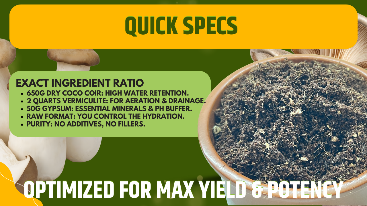 Mushroom Substrate Mix: Coco Coir, Vermiculite, Gypsum - 7L Yield