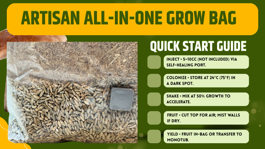 Artisan All In One Mushroom Grow Bag 2.2kg - Sterilized Substrate, Injection Port