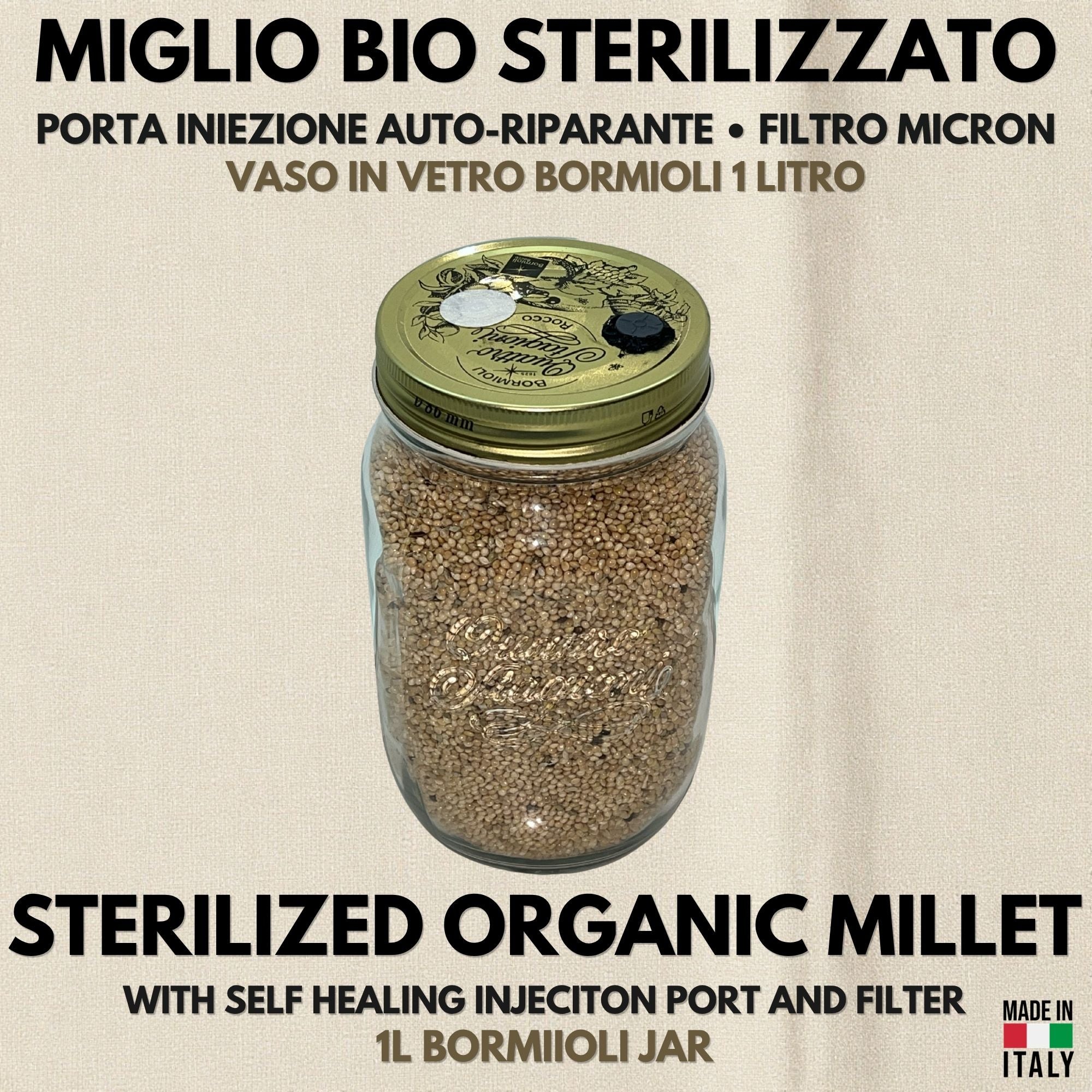 Grain Spawn Miglio Biologico Vaso Bormioli 1L Sterilizzato Porta PTFE