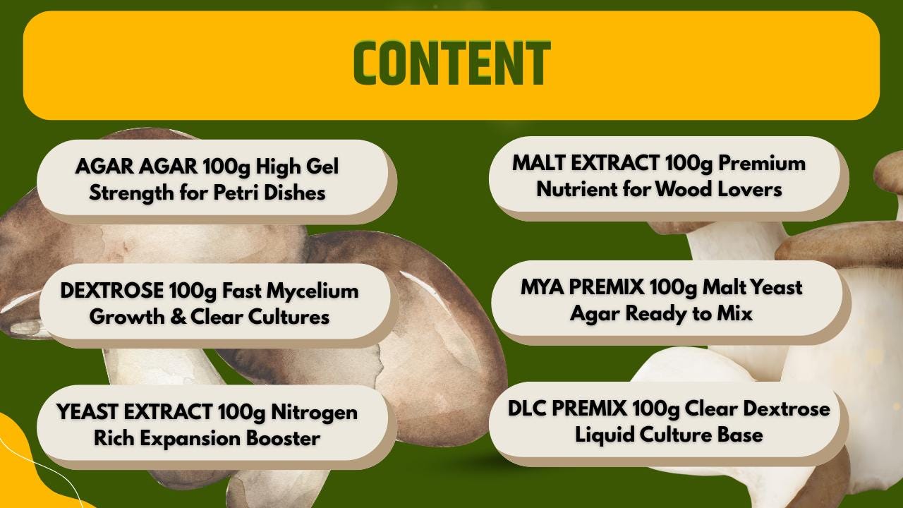 Collezione Master Polveri Micologia Set 6 Pack Terreni da Laboratorio Agar e Coltura Liquida