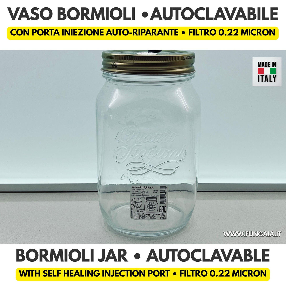 Empty autoclavable Bormioli jar with injection port and 0.22 micron filter