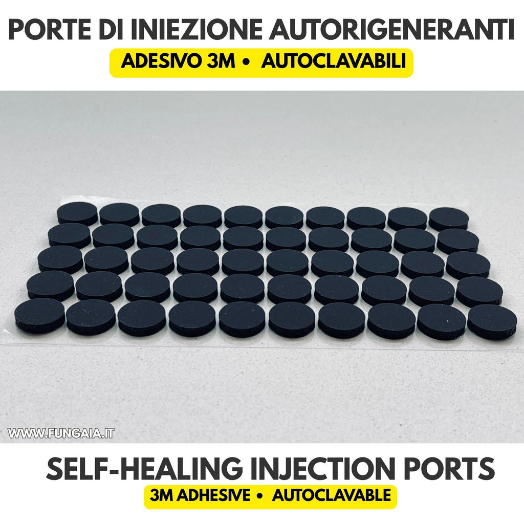 Self-healing adhesive injection ports for jar lids